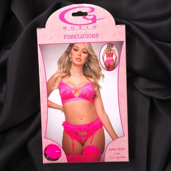 Pink Lace Bra Panty Garter Set 3 Piece One Size G World Intimates - Picture 3 of 9